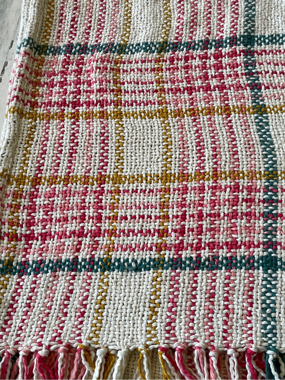 Anthropologie Handwoven Cream, Pink & Teal Throw Blanket with fringe 50x60